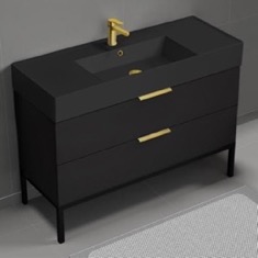 48 inch Bathroom Vanity With Black Sink - Modern, Matte Black, Free Standing, Gold Handles
